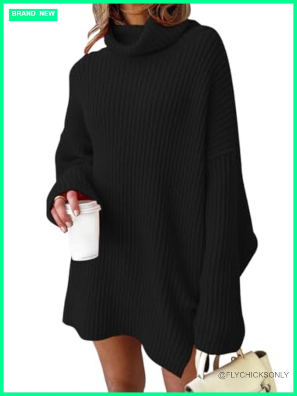 Oversized Turtleneck Sweater Dress Split Hem Knit Pullover